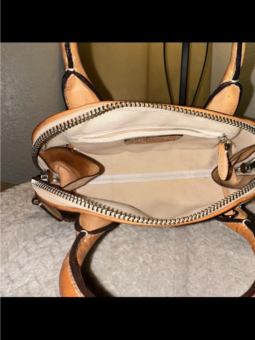 Coach Black, White & Tan Striped Dome Satchel